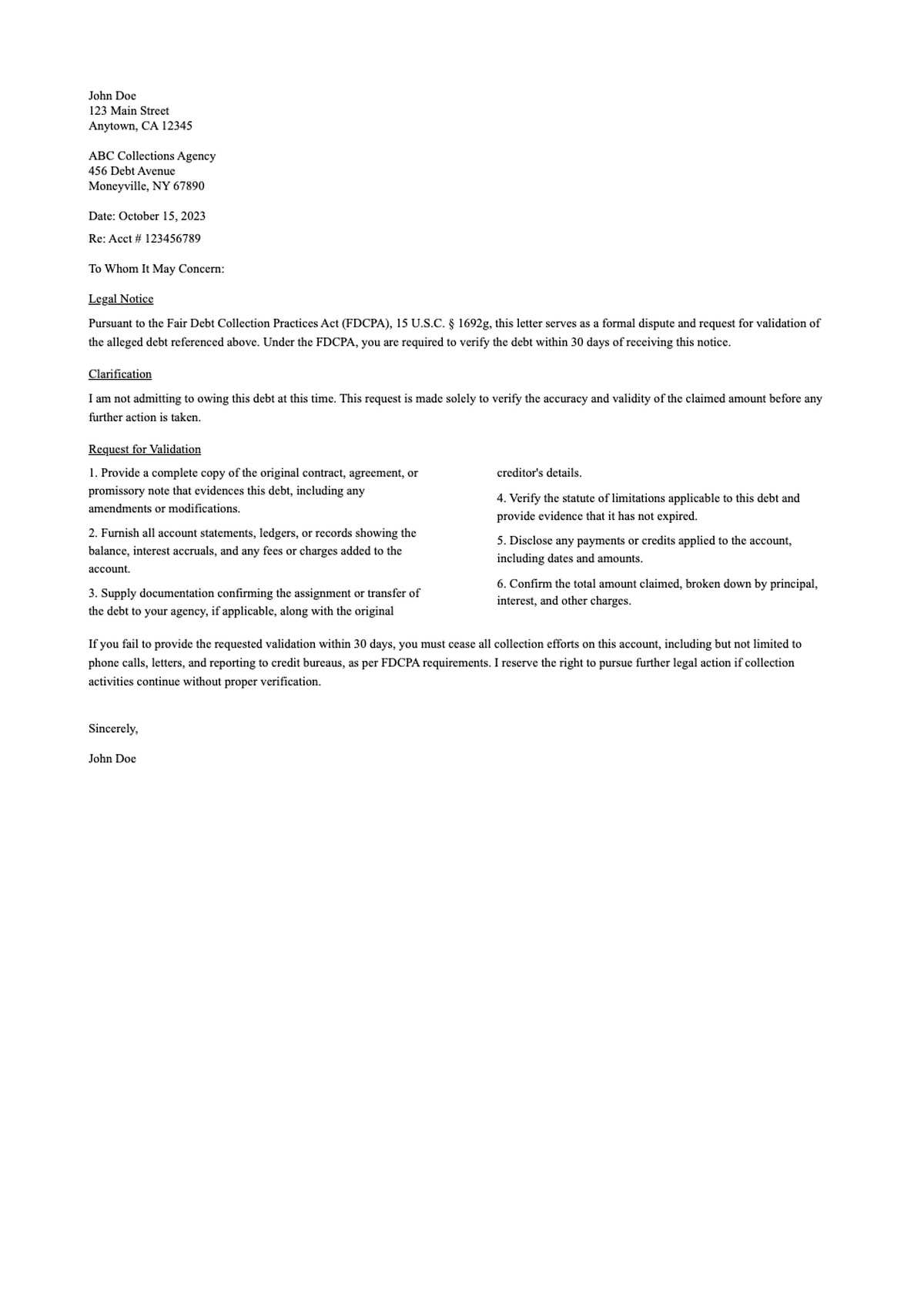 Formal debt validation letter under Fair Debt Collection Practices Act_variant_2